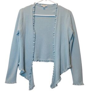 Vintage Garnet Hill Cashmere Cardigan Medium Blue Ruffle Trim Open Front Sweater